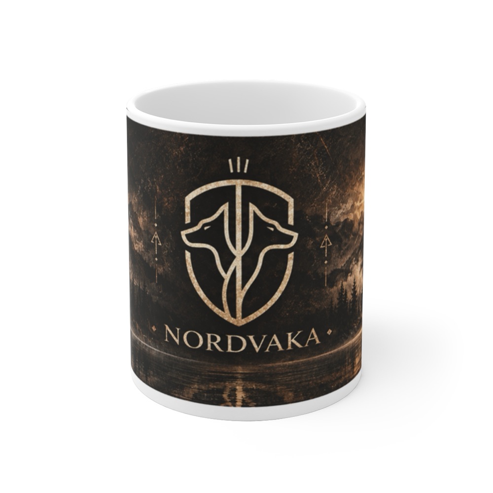 Keramiktasse mit NORDVAKA Wappen vor nordischer Landschaft